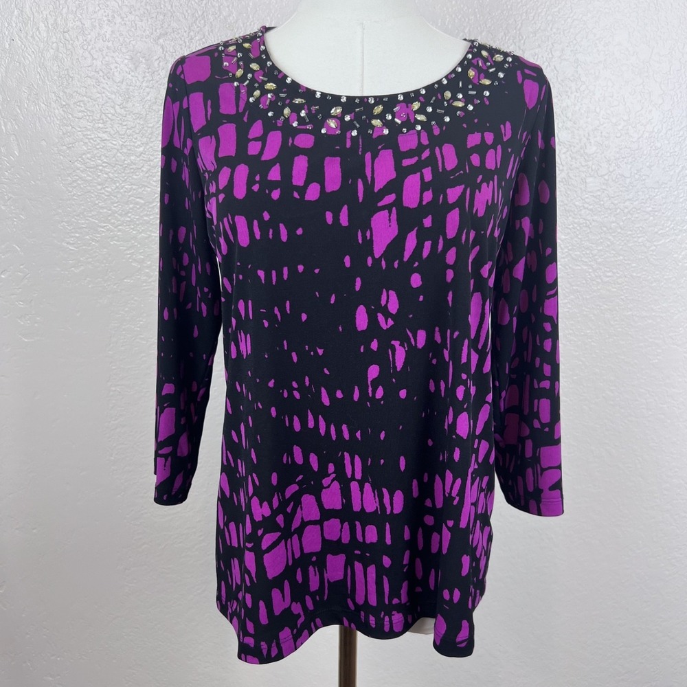 Susan Graver Top Womens XS Purple Black Geometric Liquid Knit Embellished Career